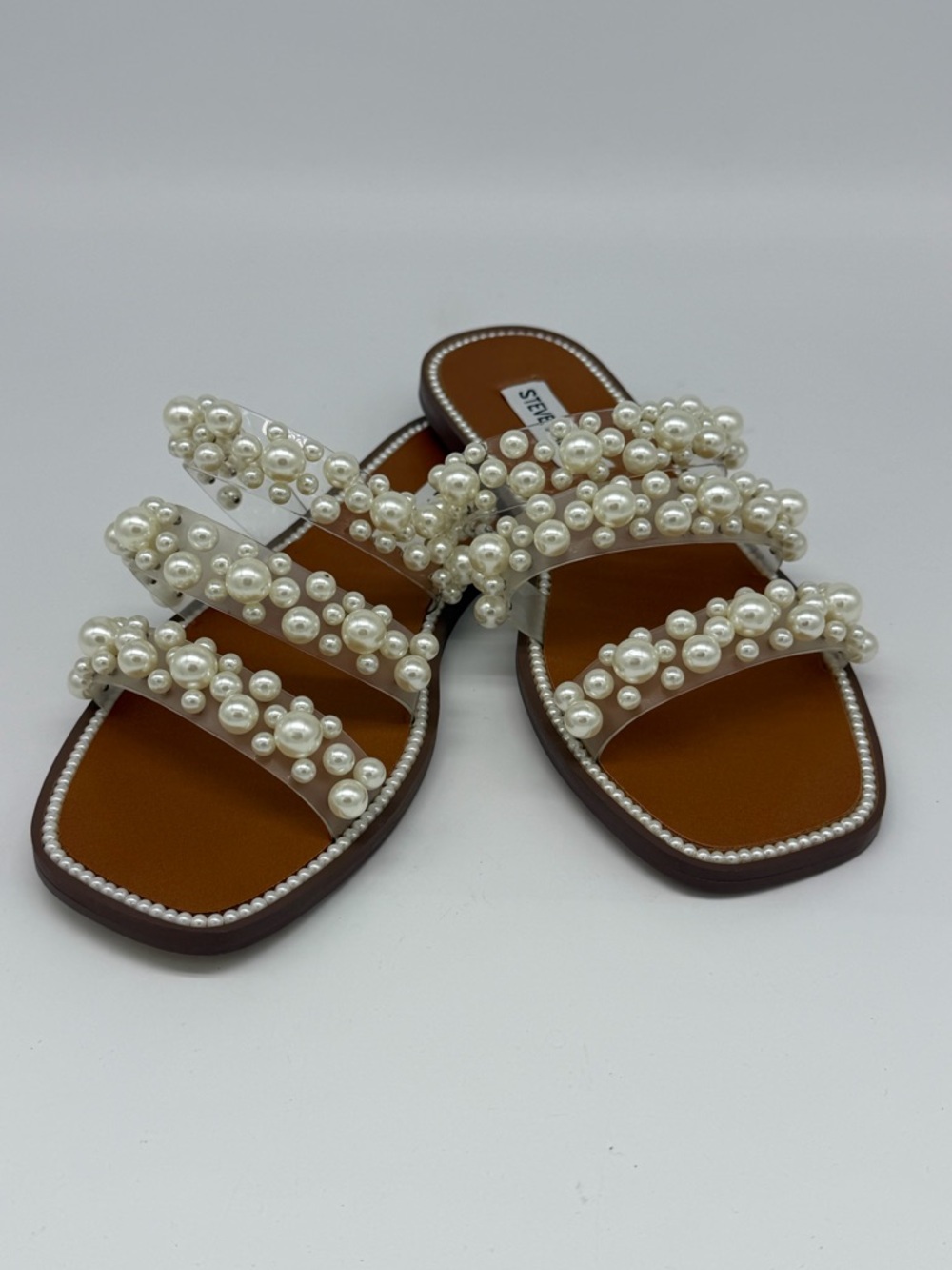 NWT !!Steve Madden Pearl-Embellished Clear Strap Slide Sandals - White
